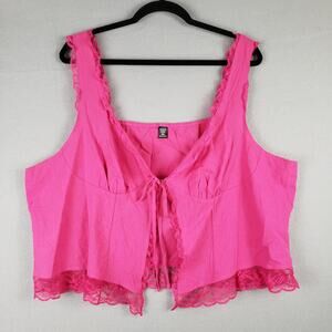 Shein‎ Curve Size 4XL Tie Front Babydoll Crop Top Hot Pink Lace Trim Festival